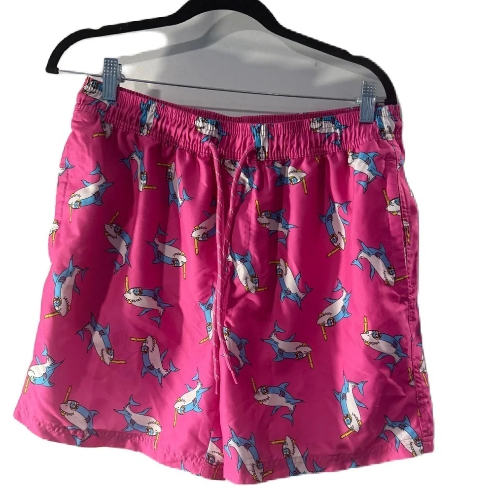 Men’s s/m swim bundle black top, gray speedo & Pink Shark Print Swim Shorts